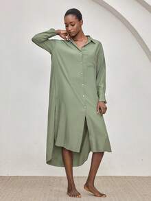 Ocili Soft & Comfortable Mandarin Collar Long Sleeve Maxi Dress With Shell Buttons, Viscose & Cotton Blend Sleepwear For Women - Dark Green - View 4