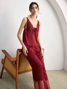 Ocili Bộ đồ ngủ 2 món kiểu Bohemian gồm áo hai dây và quần viền ren, đồ ngủ thoải mái cho nữ. - Màu Đỏ Sâu - Xem 2