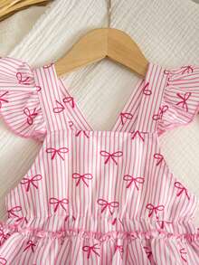 SHEIN Vintaside Kids Baby Girls' Cute & Fun Comfortable Woven Fabric Cap Sleeve Multilayer Ruffle Strap Romper, Suitable For Spring & Summer - Pink - View 5