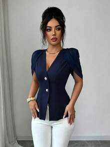 SHEIN Elenzya 女士优雅浪漫修身西装外套，V领设计，褶裥收腰 - 藏蓝色 - 查看 5