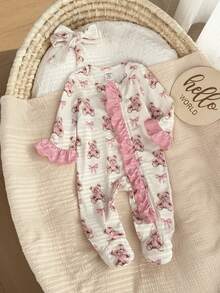 SHEIN Newborn Baby  Cute Knitted Cartoon Bear Pattern Romper With Headband Set - White - View 4