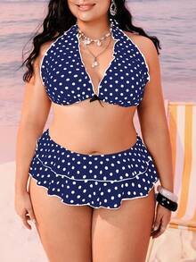 Swim Mod 大码女式两件套黑色波点印花挂脖系带性感沙滩度假比基尼泳装 - 藏蓝色 - 查看 3