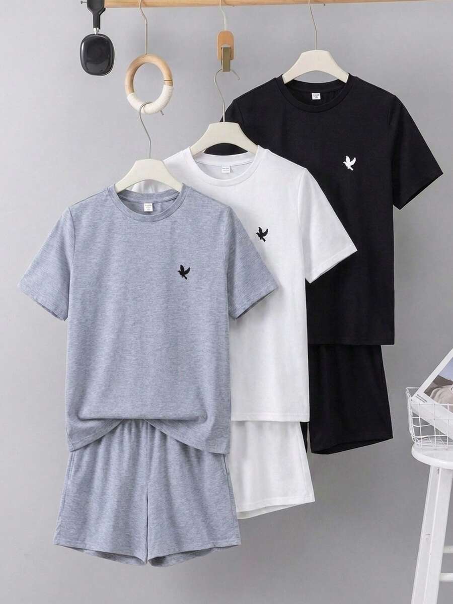 SHEIN 6件套青少年男童休闲宽松纯色及鸟类印花短袖上衣和短裤套装 - 白色 - 查看 1