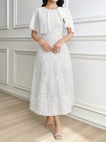 Modelyn 女士优雅浪漫修身提花中长连衣裙，日常穿着 - 白色 - 查看 5