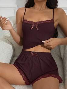 Women's Summer Solid Color Contrast Lace Slim Cropped Camisole And Shorts Pajama Set - Burgundy - View 5