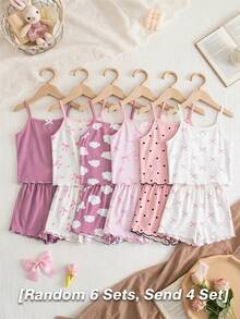 SHEIN Bộ đồ ngủ 8 món cho bé gái, màu trơn, họa tiết mây và nơ, gồm áo hai dây và quần short dệt kim, gồm áo hai dây và quần short. - Nhiều màu - Xem 1