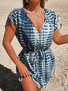 Swim Lushoire 女士V领扎染印花罩衫连衣裙，适合夏季、复活节、音乐节、波西米亚风、海滩派对、夏季海滩度假等场合。 - 藍色 - 查看 3