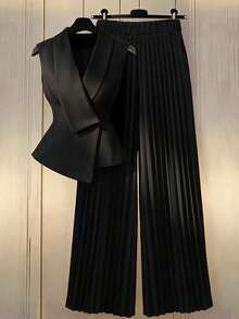 Elenzga Chaqueta de blazer negro elegante de oficina con diseño de solapa + Pantalones anchos de pierna plisada negros elegantes de oficina, primavera/verano - Negro - Ver 6