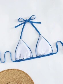 Slaydiva Top de traje de baño de talla grande para vacaciones de verano, de unicolor y textura de cuello halter - Azul - Ver 5
