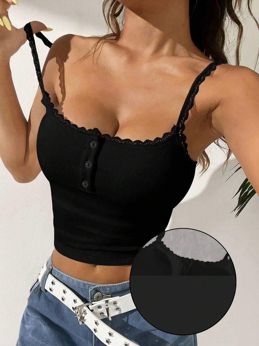 SHEIN EZwear Casual Black Rib-Knit Crop Top For Women With Scallop Trim Spaghetti Strap And Buttons