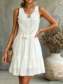 LUMIGAL Vestido largo con dobladillo con volantes, cuello con lazo y adorno de flecos para vacaciones y playa para mujer - Blanco - Ver 6