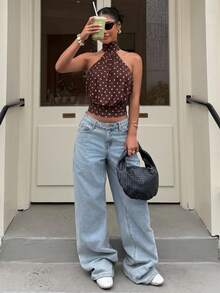 Muchica Pink And Brown Polka Dot Background Polka Dot Halter Neck Tank Top For Women,Summmer Top Party Elegent - Brown - View 5