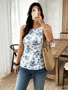 Vionelle Plus Size Women's Fashion Blue & White Floral Sleeveless Fitted Cinched Waist Back Bow Blouse, Regular Fit Spring/Summer - Blue and White - View 3
