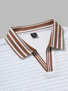 Manfinity Homme Men's Knitted Jacquard Solid Color Textured Brown & White Ribbed Collar Polo Shirt - White - View 6