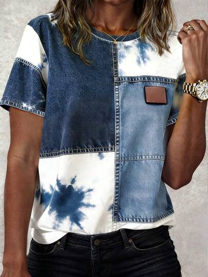 EMERY ROSE Women's Short Sleeve T-Shirt, Retro Denim Effect Pattern Design, Casual Versatile Summer Outdoor Top, High-Quality Feel, Suitable For Daily Wear, Outdoor, Shopping, Travel
