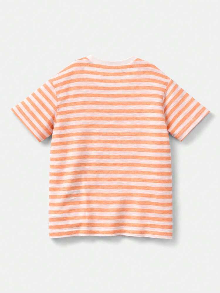 Boys Striped Short Sleeve Tee Casual Horizontal Orange White Crew Neck Summer Everyday Comfort Fit T-Shirt