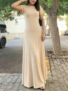 INAWLY Solva Đầm nữ màu trơn cổ tròn, kiểu dáng thường ngày, thích hợp cho tiệc tùng và du lịch. - Màu be - Xem 5