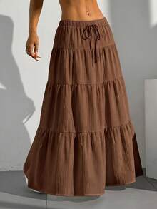 MainGRL Solid Textured Tiered Hem Skirt - Coffee Brown - View 5