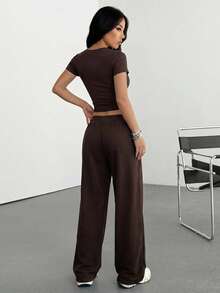 Muchica Women's Summer Spurs Embroidery Tight Fitting Short Sleeve T-Shirt And Pants 2 Pieces Homewear Set - Chocolate Brown - View 2