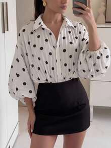 Lumalex 女士波点印花灯笼袖单排扣褶皱时尚衬衫 - 黑與白 - 查看 4
