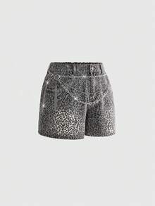 ROMWE Grunge Punk Shorts vaqueros mini con cadena decorativa de metal con strass y estampado de leopardo, estilo punk Y2K; Shorts vaqueros de talla grande con estampado de leopardo, estilo punk subcultura - Plateado - Ver 5