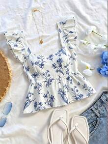 SHEIN Franclia INS Casual Vacation Cap Sleeve Women Shirt - Blue - View 3