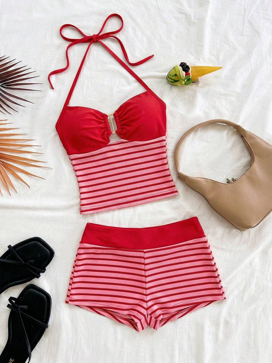 Soleia 两件套度假休闲条纹针织纹理金属扣吊带露脐上衣和短裤套装，适合派对、情人节、约会之夜、夜店、波西米亚风、复古风、假日等场合。 - 紅色 - 查看 1