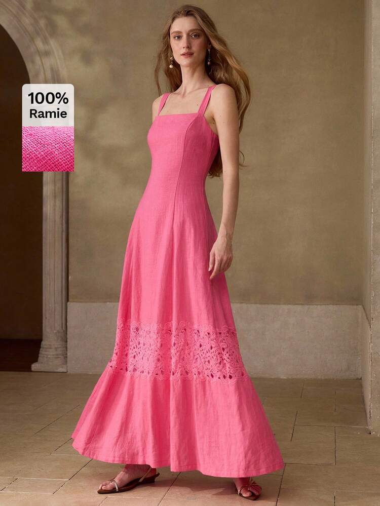 WOMEN'S 100% LINEN LACE PATCHWORK LONG DRESS, CASUAL & DATE WEAR, SPRING/SUMMER