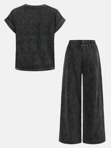 SHEIN Conjunto informal de 2 piezas de niña preadolescente con cuello redondo y manga corta de punto - Negro - Ver 4