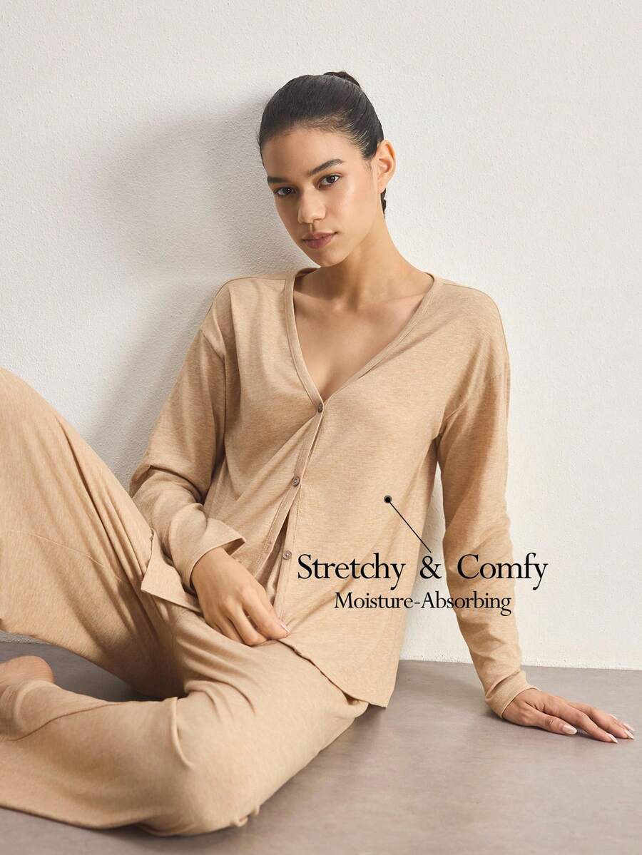 Ocili Minimalist Comfortable Collarless Soft Pajama Set For Women - Yellow - View 1