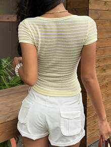 SHEIN EZwear Summer Vacation Yellow Striped Knit Bodycon T-Shirt - Pale Yellow - View 2