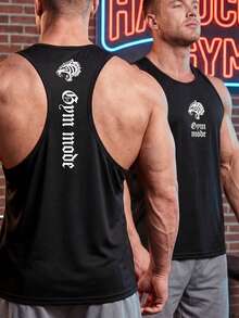 GymBeat Men's Letter & Tiger Print Casual Fitness Workout Tank Top - Black - View 1