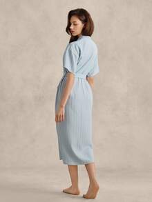 Women's Retro British Style Basic Casual Fashion Light Blue Pleated Fabric Short Sleeve Robe - Baby Blue - View 2