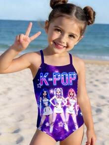 SHEIN 少女夏季海滩度假 K-Pop 卡通女团星空印花连体泳衣 - 彩色 - 查看 2