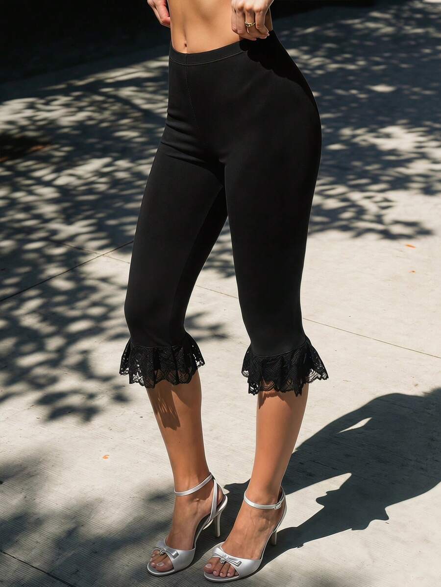 SHEIN ICON Women's Elegant Contrast Lace Ruffle Hem 7/8 Length Pants - Black - View 1