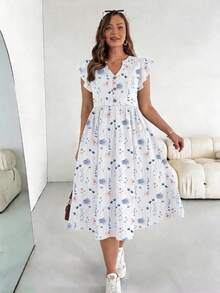 SHEIN Essnce Plus Size Women's Casual Floral Print Short Sleeve Dress, Suitable For Spring And Summer, White Dress - Multicolor - View 3