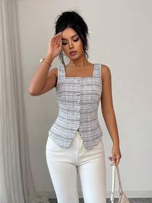 Elenzga Áo vest nữ thanh lịch, thời trang, chất liệu vải tweed dệt kim, cài khuy ngọc trai, cổ vuông, eo thắt, thích hợp cho kỳ nghỉ xuân hè. - Đen và trắng - Xem 3