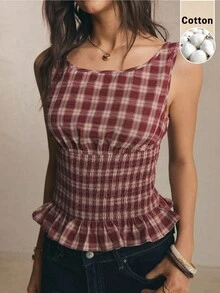 Poéselle Áo không tay kẻ caro với dây đeo bản rộng và viền bèo nhún, kiểu dáng thường ngày mùa hè. - Đỏ và trắng - Xem 1