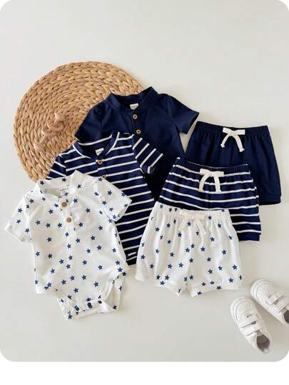 6pcs/Set Newborn Baby Boy/Girl Cute Striped Blue Short Sleeve Bodysuit & Shorts 4-Piece Outfit, Suitable For Home & Outdoor, Summer