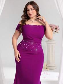 Coutiva Plus Size Women's Off Shoulder Pearl Accent Fitted Mermaid Formal Evening Dress, Party Dress, Gown, For Wedding Guest - Hot Pink - View 7