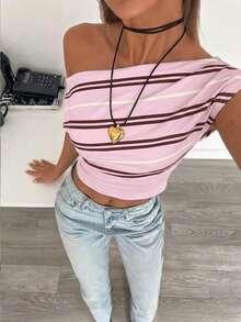 Siren Gaze Áo croptop nữ kiểu dáng thanh lịch, cổ lệch, xếp ly, thích hợp cho mùa hè, mặc hàng ngày, áo sơ mi kẻ sọc, trang phục mùa hè cho nữ. - Nhiều màu - Xem 3