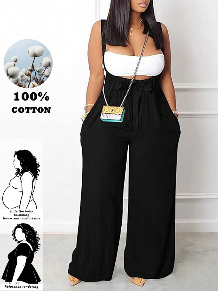 SHEIN CURVE+ 前系带褶裥阔腿连体裤,夏季 - 黑色 - 查看 1