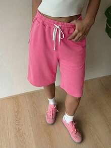 Muchica 紫红色抽绳腰带休闲加大码女式短裤 - 玫紅色 - 查看 4