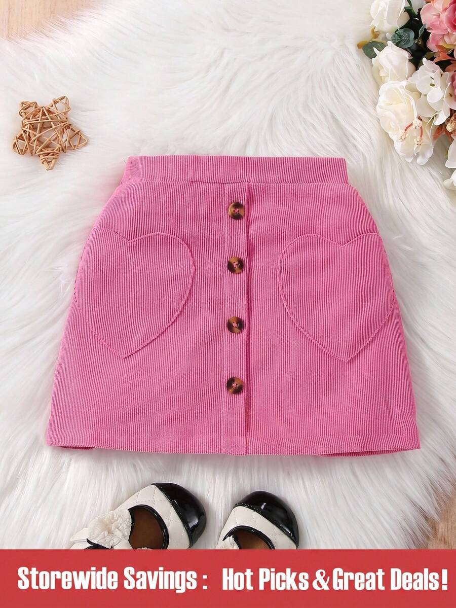 SHEIN 年轻女孩爱心补丁纽扣前裙 - 玫紅色 - 查看 1