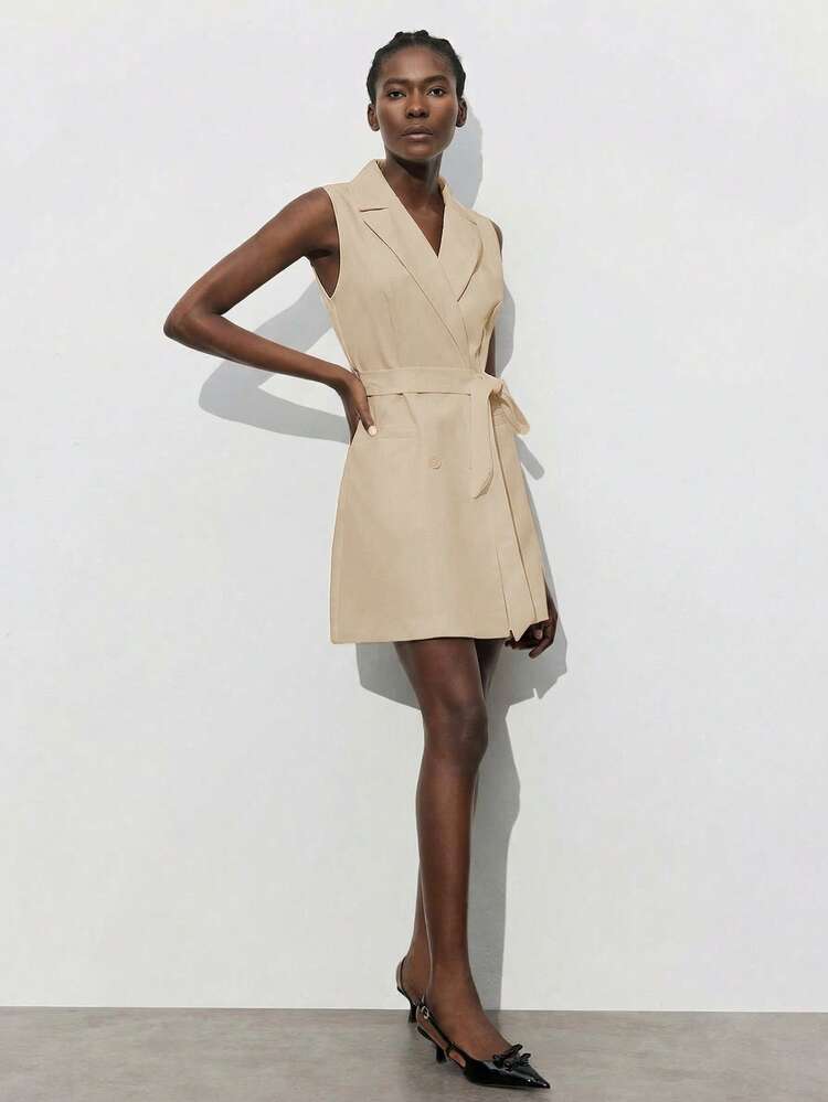 SHEIN Maija Khaki,Summmer,Casual,Chic,Bissness Women's Sleeveless Belted Blazer Dress,Urban Modern One-Piece Short Dress For Party Wedding Music Festival Outfit