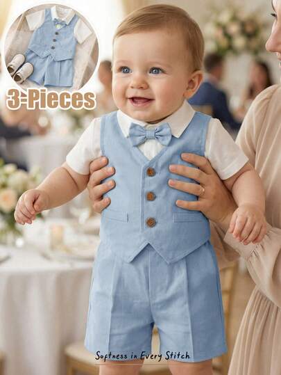 Cozy Pixies 3pcs Baby Boy/Girl Gentleman Suit Set: White Short Sleeve Shirt, Green Vest, And Shorts/Pants. Elegant Outfit For Spring/Summer, Suitable For Birthday Party, Christening, 1st Birthday, Ceremony, Wedding, Etc.