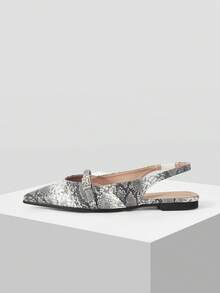 Mnmlis Ladies Commuter Fashion Metal Buckle Animal Pattern Snake Pattern Comfortable Soft Bottom Pointed Flat Bottom Shoes - Dark Grey - View 2