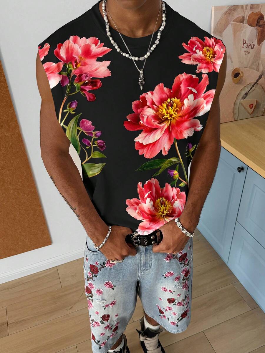 STEELVANCE Camiseta de tirantes holgada de estampado floral para hombre - Multicolor - Ver 1