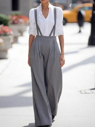 Elenzga Romantic Retro Casual Loose Suspender Wide Leg Pants, Suitable For Work And Daily Wear