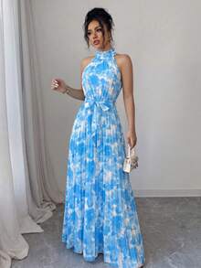 Elenzga Gaun A-Line Elegan Romantis dengan Kerah Ruffle dan Lipatan di Pinggang, Motif Bunga, Cocok untuk Kencan, Musim Semi/Panas - MultiWarna - View 5